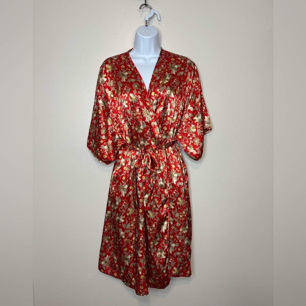Barbizon Vtg Satin Red & Gold Floral Sati Kimono Robe Womens Sz Large Boho chic